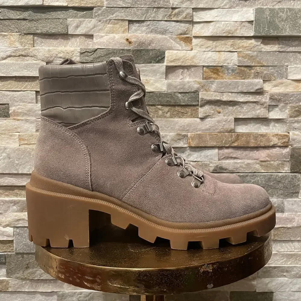 New Dolce Vita Rubi Lug Sole Combat Boots | Taupe Suede Croc Trim NWOB, 10